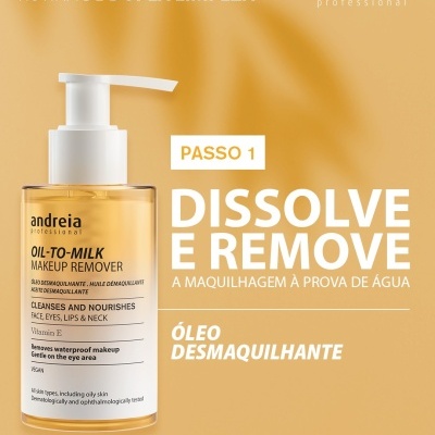 Frasco de óleo desmaquilhante amarelo claro com doseador branco da marca andreia professional