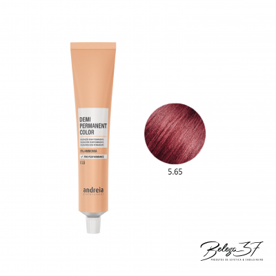 Tubo de tinta capilar Andreia Professional cor 5.65 rosa avermelhado com amostra da cor.