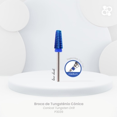 Broca de tungsténio cónica azul com texto e suporte branco