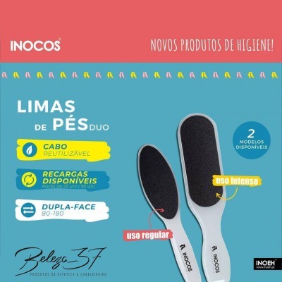 Promoção de limas de pés duo INOCOS com detalhes de uso, cores azul e vermelho
