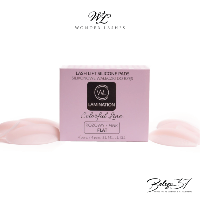 Caixa rosa de almofadas de silicone para lifting de pestanas com texto em inglês e polaco