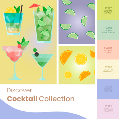 Ilustração colorida de quatro cocktails diferentes e padrões de frutas para coleção de cocktails