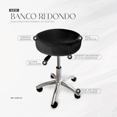 Banco redondo preto com base inox regulável e cinco rodas