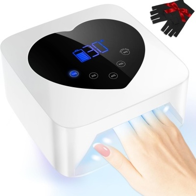 Secador de unhas UV/LED branco com visor digital e luvas pretas decoradas
