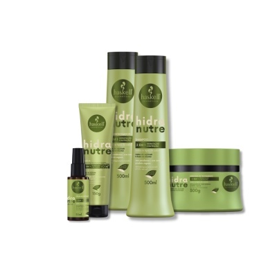 Conjunto de produtos capilares Haskell Hidra Nutre em embalagens verdes e tampas pretas