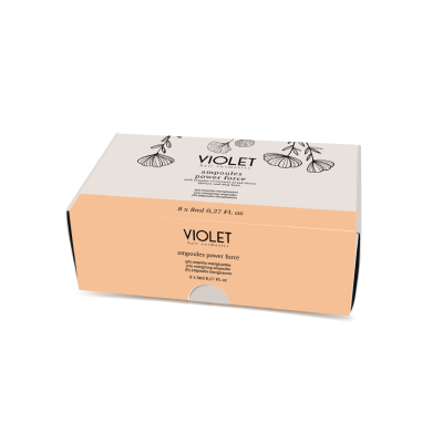 Caixa de ampolas VIOLET power force em cartolina bege e pêssego com ilustrações florais