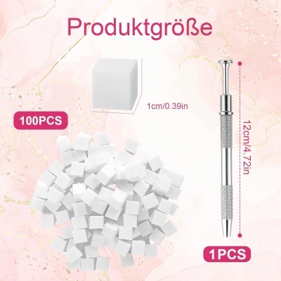 Cubos brancos 1cm e ferramenta metálica 12cm sobre fundo rosa com texto Produktgröße.