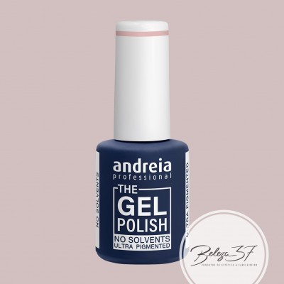 Garrafa de verniz gel azul escuro com tampa branca e rótulo com texto em fundo rosa