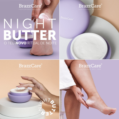 Creme corporal branco em pote lilás com aplicação em pele, texto promocional BrazzCare Night Butter