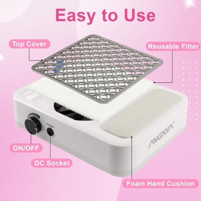 Aparelho branco com várias partes destacadas em fundo rosa