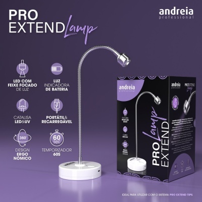 Lâmpada LED portátil Andreia Professional PRO EXTEND Lamp com embalagem preta e roxa