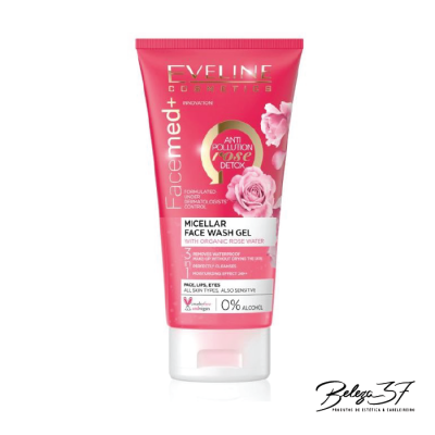 Gel de limpeza facial micelar Eveline Cosmetics embalagem rosa com texto e flores de rosa