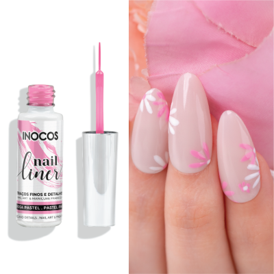 Esmalte INOCOS nail liner cor rosa pastel com unhas decoradas e tecido rosa