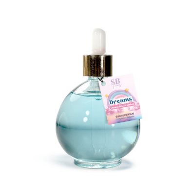 Frasco redondo de vidro com líquido azul claro e conta-gotas