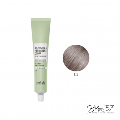 Tubo de tinta capilar Andreia 0% Ammonia permanente cor 8.1 castanho acinzentado