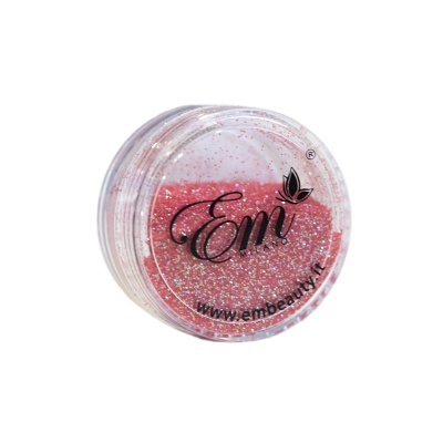 Pote transparente com glitter rosa e branco e logo Emi