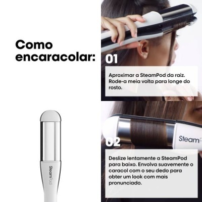 Aparelho SteamPod branco e inox a encaracolar cabelo castanho com instruções em português