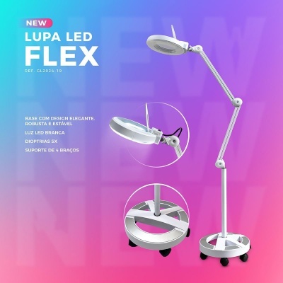 Lupa LED flexível branca com suporte articulado e base robusta sobre fundo colorido