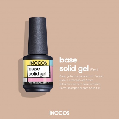 Frasco preto de verniz para unhas INOCOS base solidgel 15 mL com texto do produto em fundo bege