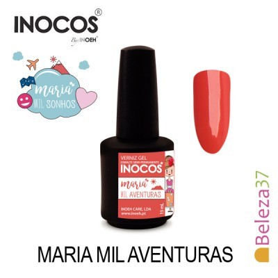 Frasco e amostra de verniz gel coral INOCOS Maria Mil Aventuras