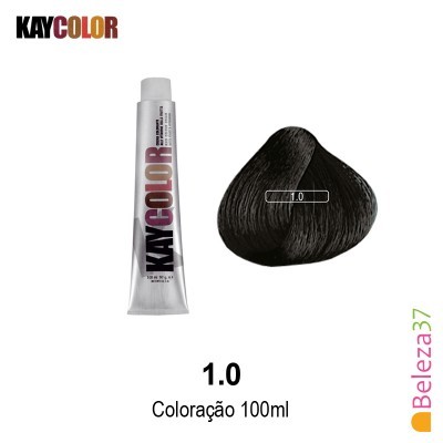 Tubo de coloração capilar KAYCOLOR 100ml e amostra de cabelo preta 1.0