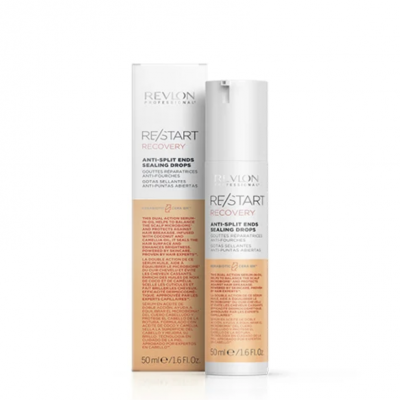 Frasco e caixa do produto Revlon RE/START RECOVERY Anti-Pollutant Ends Sealing Drops