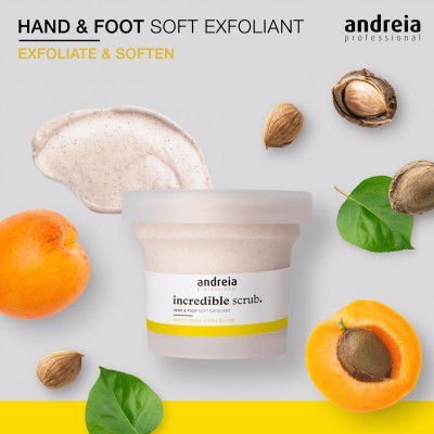 Esfoliante para mãos e pés Andreia incrível em pote branco com damascos e amêndoas em fundo cinzento e amarelo.