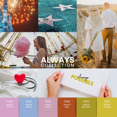 Colagem de várias imagens incluindo um castelo iluminado, estrelas no chão, um casal numa paisagem, algodão-doce, estetoscópio com coração vermelho e papel com texto 'always POSSIBLE'