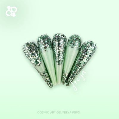 Unhas postiças verde claro com glitter prateado em degradé