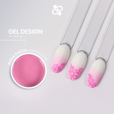 Gel design rosa pastel para unhas com três amostras decoradas em branco e rosa