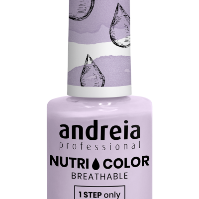 Frasco de verniz lilás da marca andreia professional Nutri Color com tampa branca e desenhos de gotas