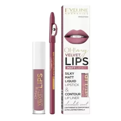 Conjunto Eveline Oh! my Velvet Lips com batom líquido e lápis labial cor de rosa antigo e embalagem branca.