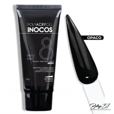 Tubo de gel para unhas preto POLYACRYGEL INOCOS com amostra da cor opaca