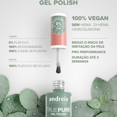 Verniz gel verde da marca andreia professional com tampa rosa e folhas verdes ao fundo