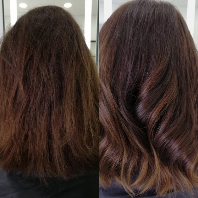 Comparação de cabelo castanho antes e depois de tratamento, de frisado para ondulado e suave