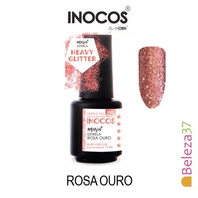 Verniz gel INOCOS rosa ouro com glitter pesado