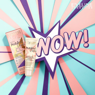 Creme facial Magic Skin da Eveline Cosmetics junto à sua embalagem em fundo colorido com palavra NOW!