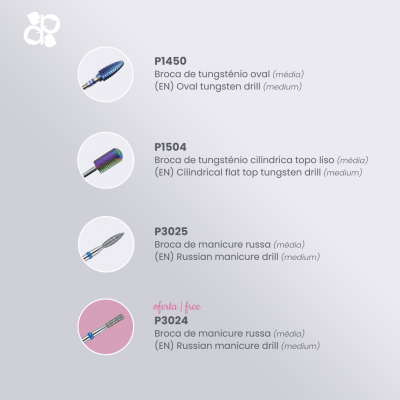 Quatro brocas para manicure com descrição em português e inglês em fundo cinza claro.