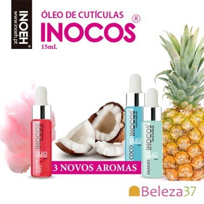 Frascos óleo cutículas INOCOS 15mL algodão doce, coco, ananás com imagens das fragrâncias