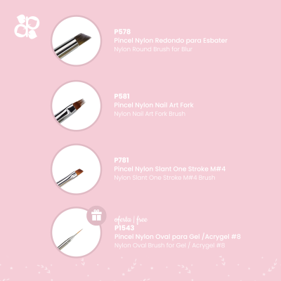 Quatro pincéis de nylon para unhas com nomes e números identificadores em fundo rosa claro.