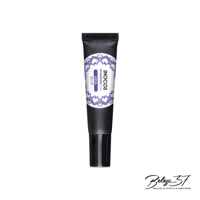 Tubo preto de gel azul para unhas sobre fundo branco com logotipo Beleza 37