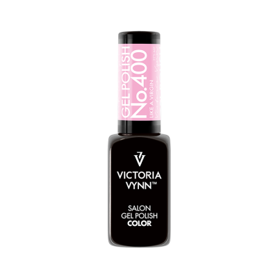 Frasco de verniz em gel preto Victoria Vynn com rótulo rosa claro e texto branco