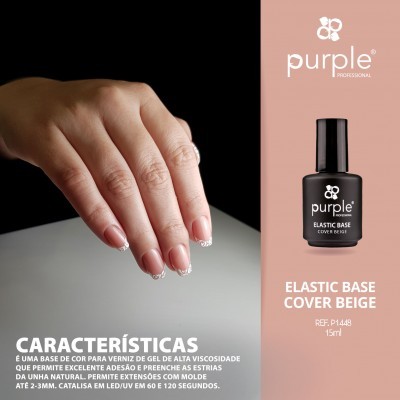Esmalte em gel Purple Elastic Base Cover Beige com mão feminina e descrição de características.