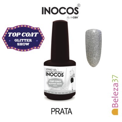 Verniz gel INOCOS prata com glitter em embalagem preta e rótulo branco