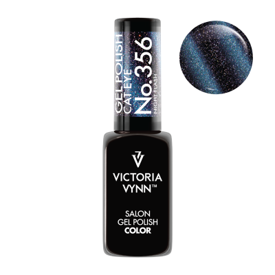 Frasco preto de verniz gel para unhas Victoria Vynn com etiqueta branca e amostra da cor azul escuro glitter