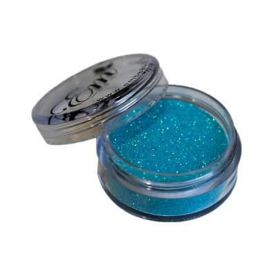 Frasco com purpurina azul brilhante e tampa prateada aberta