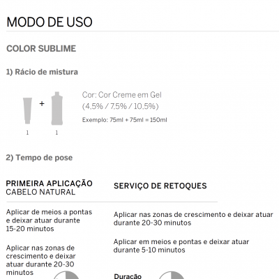 Instruções de uso do produto COLOR SUBLIME BY REVLONISSIMO com indicações de mistura e tempo de aplicação