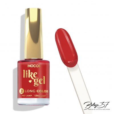 Verniz de unhas vermelho Inocos like gel com tampa dourada e aplicador com cor mostrada.