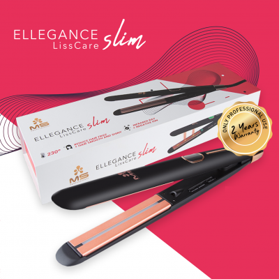 Prancha de alisar cabelo preta ELLEGANCE slim com embalagem branca e selo de garantia dourado