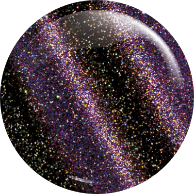 Superfície circular brilhante com glitter colorido em tons roxos, dourados e pretos